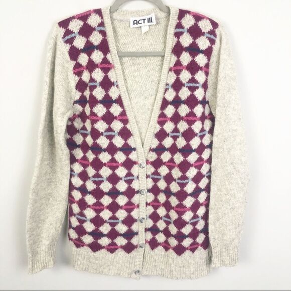 ACT III | Vintage Wool Argyle Cardigan Sweater L - Picture 1 of 10